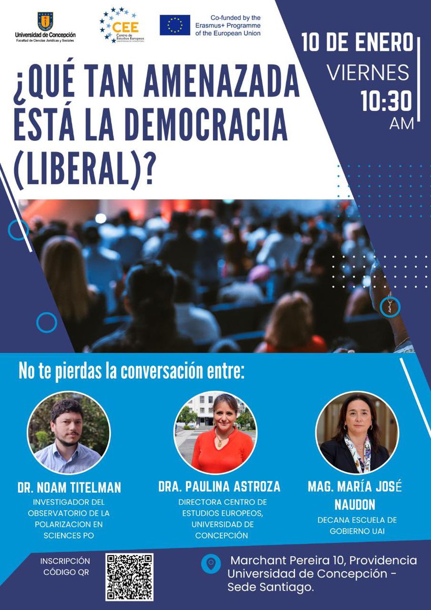 Paulina Astroza S. (@paulinaastrozas) on Twitter photo ATENCIÓN ‼️‼️
El <a href="/ceeudeconce/">Centro de Estudios Europeos</a> de la <a href="/juridicysocudec/">Juridicas y Sociales UdeC</a> de la <a href="/udeconcepcion/">Universidad de Concepción</a> #CátedraJeanMonnet de la <a href="/EU_Commission/">European Commission</a> <a href="/EUErasmusPlus/">Erasmus+</a> organiza esta actividad en que tendré el lujo de conversar con <a href="/MJNaudon/">María José Naudon</a> y <a href="/NoamTitelman/">Noam Titelman</a>
Abierto a todo público con inscripción a través de código QR ATENCIÓN ‼️‼️
El <a href="/ceeudeconce/">Centro de Estudios Europeos</a> de la <a href="/juridicysocudec/">Juridicas y Sociales UdeC</a> de la <a href="/udeconcepcion/">Universidad de Concepción</a> #CátedraJeanMonnet de la <a href="/EU_Commission/">European Commission</a> <a href="/EUErasmusPlus/">Erasmus+</a> organiza esta actividad en que tendré el lujo de conversar con <a href="/MJNaudon/">María José Naudon</a> y <a href="/NoamTitelman/">Noam Titelman</a>
Abierto a todo público con inscripción a través de código QR
