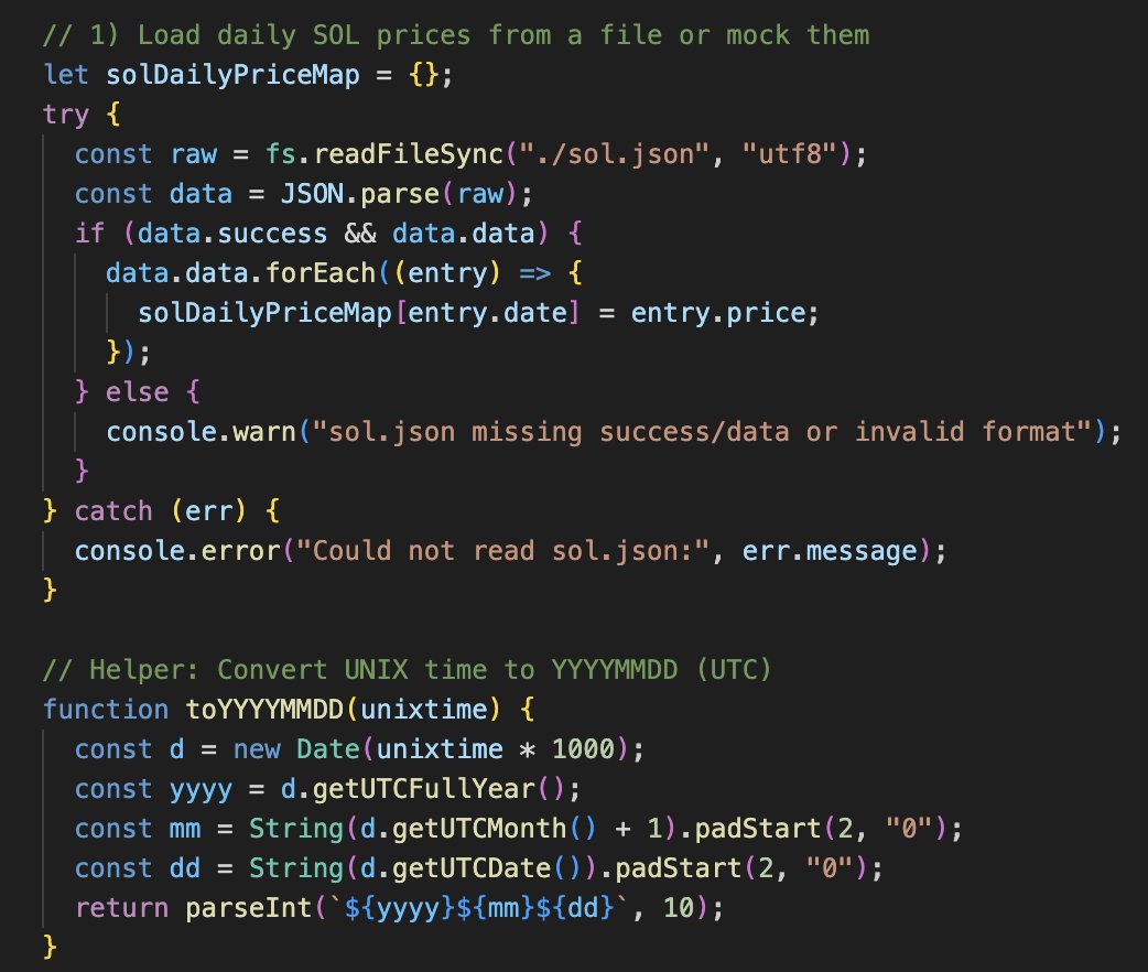 SolAuditoor's tweet photo. A look into how our code works. We do have CSV generation in our web dashboard but we are first trying to determine the limit of requests we will be able to receive. This tool is still in BETA and should not be used as true tax information. https://t.co/O0o2Jdb726