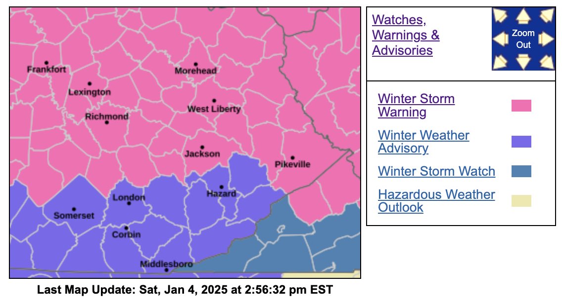 WINTER STORM WARNING: 1/4/25 3:00pm

Current Watch/Warning/Advisory map for eastern Kentucky. Pike Co has been upgraded to a Winter Storm Warning, where there is sufficient confidence of significant impacts occurring due to the winter storm. 

Please Prepare!!