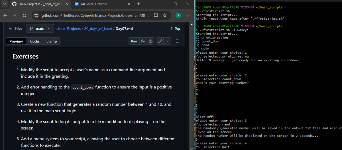 Ade_leyee's tweet image. Day 84
#100DaysOfCyberSecurity
@jay_hunts @segoslavia @OnijeC @akintunero 
Revisited Day 8 tasks of #30DaysOfBashScripting and found new ways to solve them. Here are some scripts:

Note: Some lines are commented out as the tasks were progressive, making those parts unnecessary.