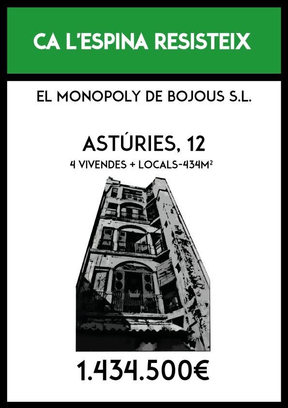 Des del primer dia la propietat va pretendre ser una família de petits propietaris, però no ens podien enganyar. Sabíem qui era el propietari de Ca l’Espina: Bojous S.L., una immobiliària amb 14 propietats arreu de BCN.