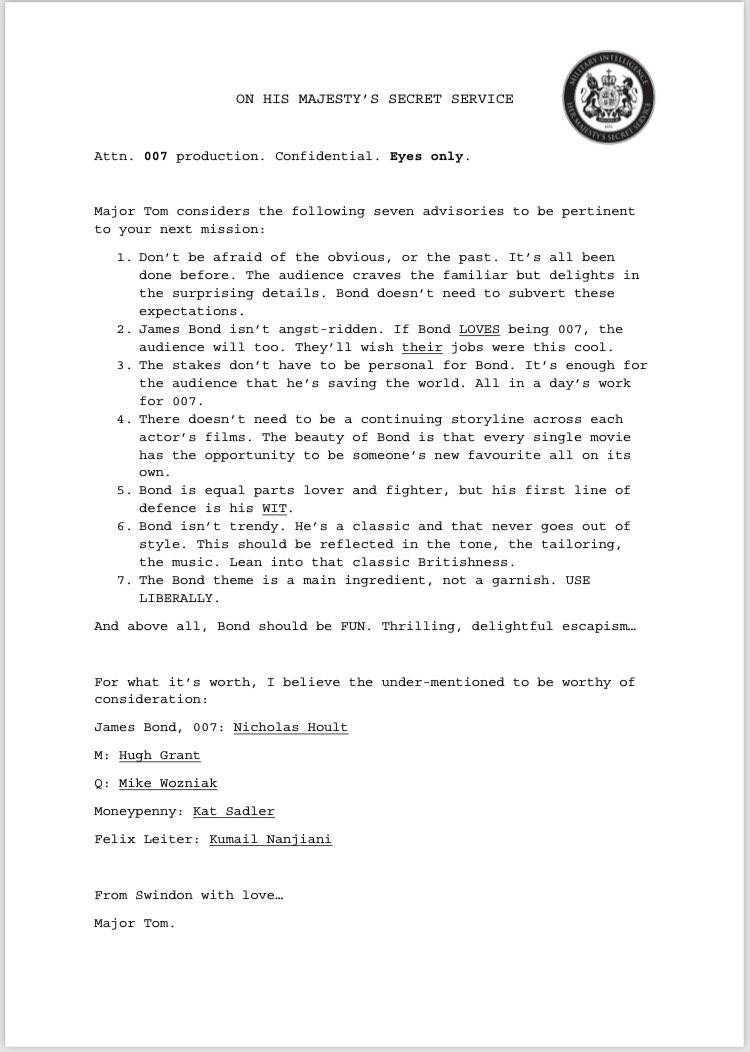 Tom Gregory (@majortomcom) on Twitter photo My open letter to Amazon about what #Bond should be (as a screenwriter and a fan). And if Barbara Broccoli needs a new writer it would be a dream come true. #JamesBond #007 #Screenwriting <a href="/007/">James Bond</a> My open letter to Amazon about what #Bond should be (as a screenwriter and a fan). And if Barbara Broccoli needs a new writer it would be a dream come true. #JamesBond #007 #Screenwriting <a href="/007/">James Bond</a>