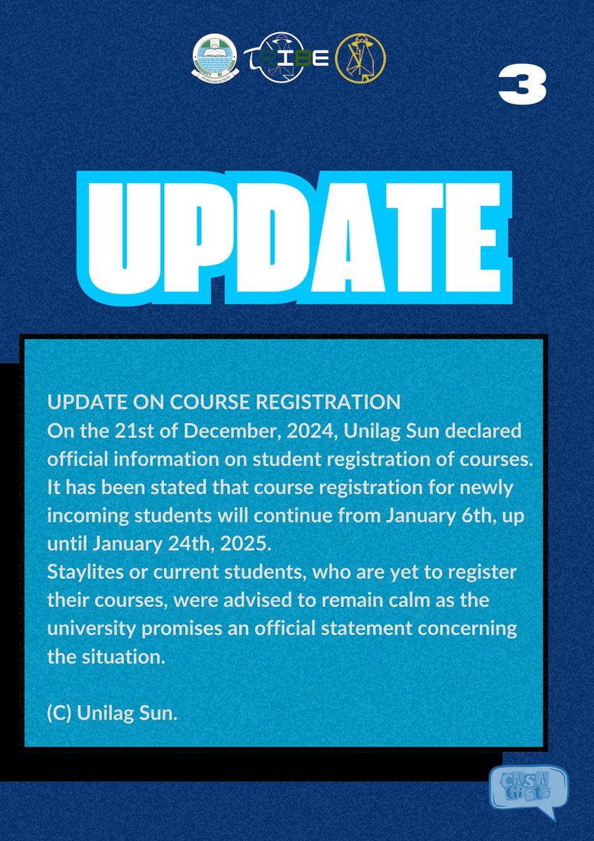 UNILAGCASAITES's tweet photo. _Update on Course Registration_ 

_G.S.T_ 

 _Entertainment_ 

 _PAY YOUR CASA DUES_ https://t.co/9RL3mzWDsH