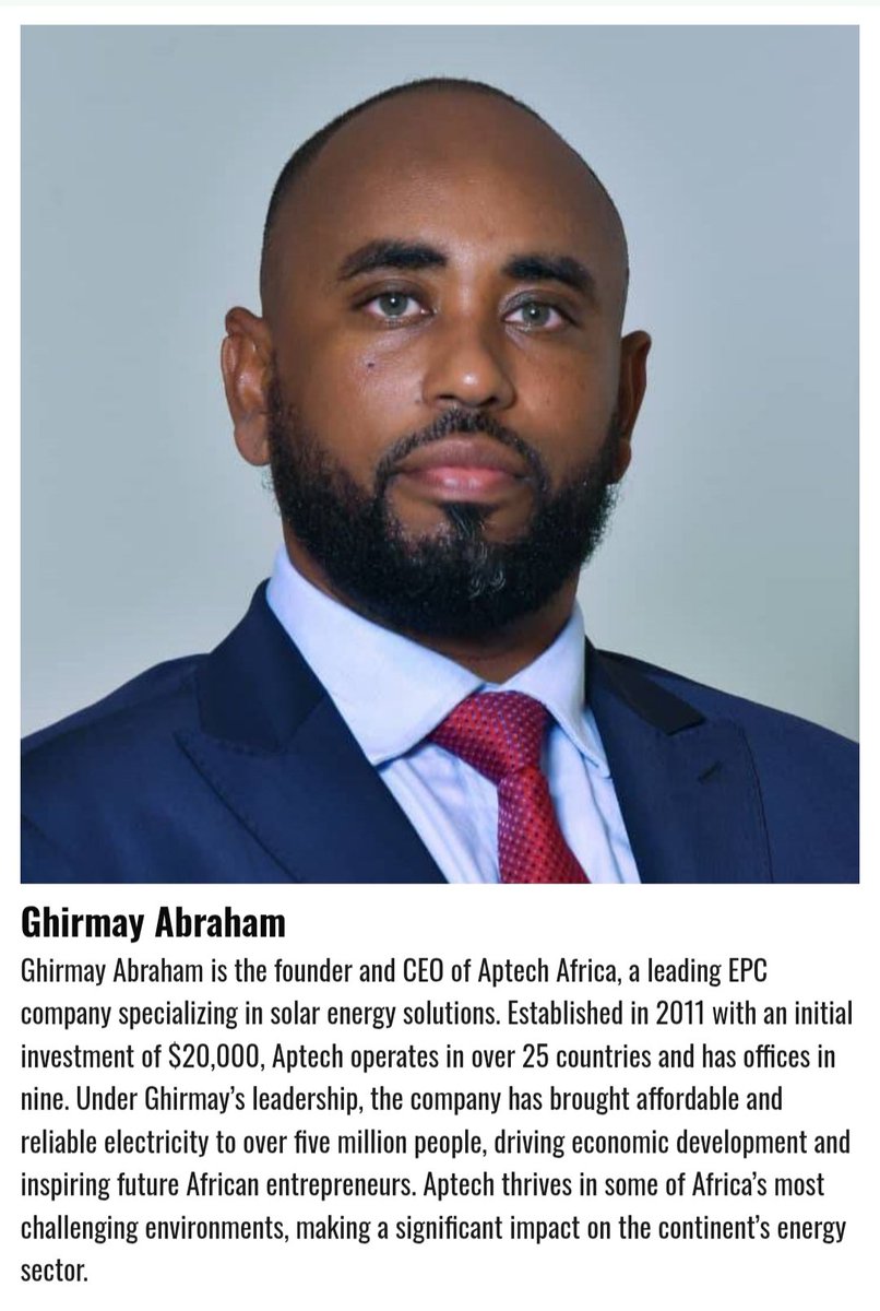 AtieWedi's tweet image. #Aptech Africa CEO &amp;amp; founder #Eritrean #Ghirmay  becomes one of the top 100 reputable #Africans for 2024. 
@aptechsolar has brought affordable &amp;amp; reliable Solar power to over 5m people in around 25 African &amp;amp; Asian countries. @hawelti @AfCFTA_Eritrea
reputationpoll.com/23567-2/