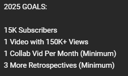 filmformstudios's tweet image. Thought I'd also publicise my goals for 2025 to keep myself in line. They're also in my channel bio as an extra reminder to myself.
Let's see what happens 👀