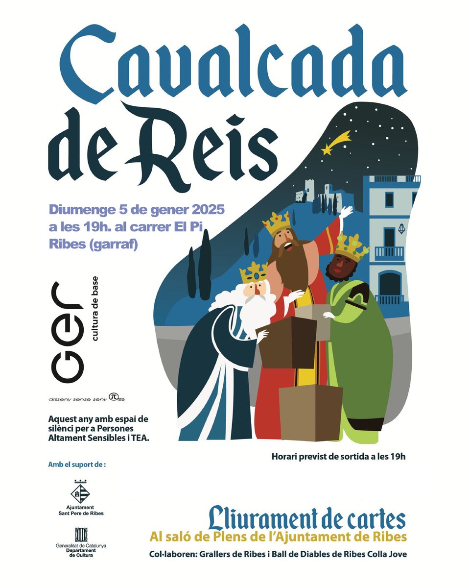 🐪🐪🐪 CAVALCADA DE REIS A RIBES

🗓️ diumenge 5 de gener
🕖 19 h
📍 Recorregut: c. del Pi, c. Sitges, c. Nou, c. Balmes, c. Eduard Maristany, pl.de l’Església, pl. Marcer, c. Nou, c. Sitges, pl. del Centre, pl. de la Vila.

#Nadal24 #Reis25 
#SPRibes
🧵