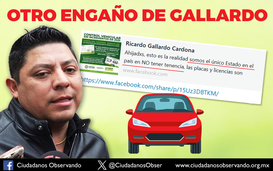 CiudadanosObser's tweet photo. Otro engaño del mandatario @RGC_Mx ahora asegura que #SLP es el único estado que no cobra tenencia vehicular, aquí detallamos que ese dato es equivocado. 
https://t.co/JlMIPj5FXV https://t.co/vsjfv6m5Od