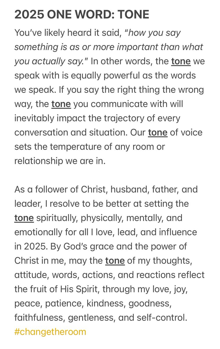 CorbinYoungFCA's tweet photo. After prayerfully seeking God’s direction for my growth, I’m excited about the challenge He’s leading me to focus on this year.
My #OneWord for 2025 is TONE.
“A gentle answer turns away anger, but a harsh word stirs up wrath.” Proverbs 15:1
@getoneword #tonesetter #roomchanger https://t.co/pWCIOZ4rH1