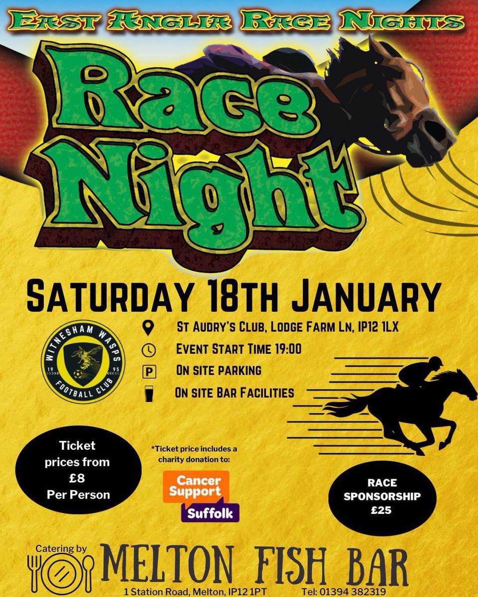 witneshamwasps's tweet image. Our race night is just 2️⃣ weeks away!

Tickets are still available and we also have 3 race sponsorships up for grabs for £25!

Visit ticketebo.co.uk/witnesham-wasp… to purchase tickets and Race Sponsorships 🐎

Thanks on behalf of Witnesham Wasps FC and Cancer Support Suffolk! 👏