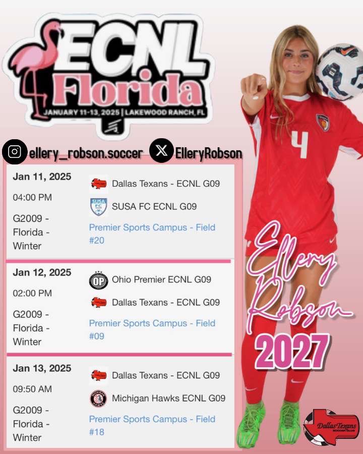 Schedule dropped! I'm so exided to compete in #ECNLFL with <a href="/Texans09gECNL/">Dallas Texans 09G ECNL</a>. Check out the schedule and come watch us play!

<a href="/PrepSoccer/">Prep Soccer ⚽️</a> <a href="/PrepSoccerTX/">Prep Soccer Texas</a> <a href="/ECNLgirls/">ECNL Girls</a> <a href="/TheECNL/">The ECNL</a> <a href="/ImCollegeSoccer/">College Soccer Truth ™</a> <a href="/ImYouthSoccer/">ECNL/GA/Recruiting/College Soccer</a> <a href="/TopDrawerSoccer/">TopDrawerSoccer</a>