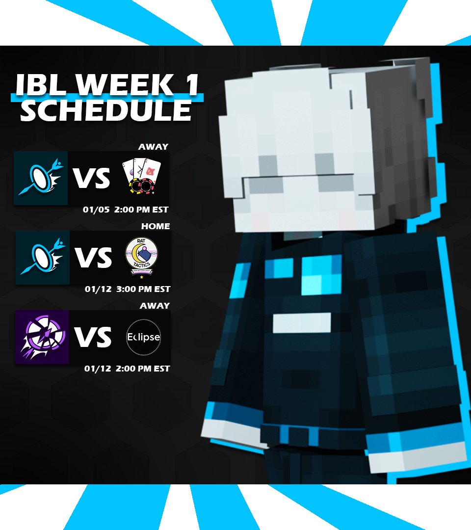 Opening day is upon us!

Check out Impact's Week 1 Schedule stating with our opening game on Sunday 5th of January at 2PM EST. 
Be sure to tune in at twitch.tv/theibl

#BRACE | #IBLS4