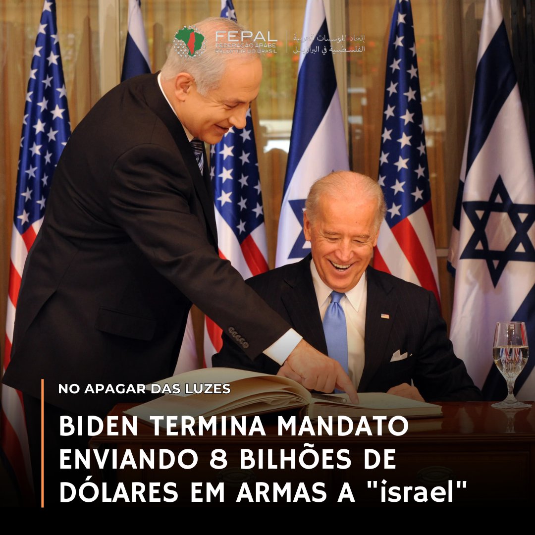 FepalB's tweet photo. No apagar das luzes de seu mandato, o açougueiro de Gaza, Joe Biden, prepara envio de 8 bilhões de dólares (R$49 bilhões) em armas para “israel” continuar exterminando crianças palestinas.

Trata-se de um dos maiores pacotes de armamento enviado pelos Estados Unidos aos genocidas de Tel Aviv desde outubro de 2023. A proposta foi enviada ao Congresso dos EUA.

O pacote inclui bombas de 500 libras (226 kg), munições guiadas de precisão, projéteis de artilharia, mísseis para jatos e helicópteros de ataque.

Em agosto de 2024, o governo Biden já havia aprovado um outro pacote de 20 bilhões de dólares em armas para “israel”, incluindo caças, veículos militares, bombas e mísseis. Sem contar, claro, a "ajuda militar" fixa de 3,8 bilhões de dólares em enviados anualmente ao israelenses.