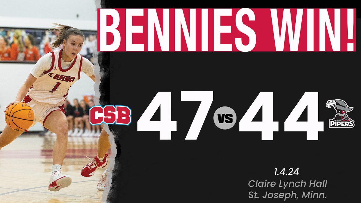 CSB Athletics (@csb_athletics) on Twitter photo BENNIES WIN!!! Lauren Arnold hit a go-ahead three-pointer to lead <a href="/CSBBasketball/">CSB Basketball</a> (9-2, 4-0 MIAC) to a 47-44 win over Hamline (7-4, 2-2 MIAC) on Saturday (Jan. 4). Sophia Jonas led CSB with 12 points while Arnold and Sofia Baldessari added 10 each.
#BenniePride BENNIES WIN!!! Lauren Arnold hit a go-ahead three-pointer to lead <a href="/CSBBasketball/">CSB Basketball</a> (9-2, 4-0 MIAC) to a 47-44 win over Hamline (7-4, 2-2 MIAC) on Saturday (Jan. 4). Sophia Jonas led CSB with 12 points while Arnold and Sofia Baldessari added 10 each.
#BenniePride