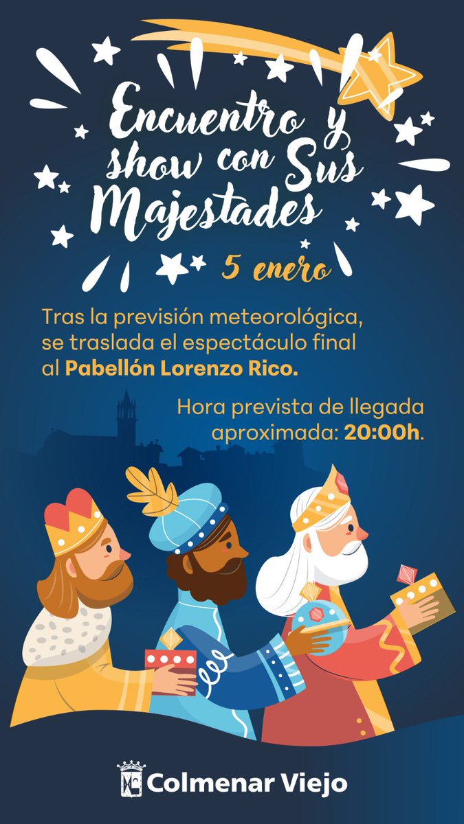 AytoColmenar's tweet photo. ☂️ Tras la previsión meteorológica, el show final se traslada al Pabellón Lorenzo Rico
🌙 Sobre las 20:00h 

🎶 Espectáculo musical
💌 Entrega en mano de cartas a los Reyes Magos
👋🏻 Intérprete de lengua de signos
👩‍🦽 Habrá una zona habilitada para personas con movilidad reducida https://t.co/MVOFuoHOgI