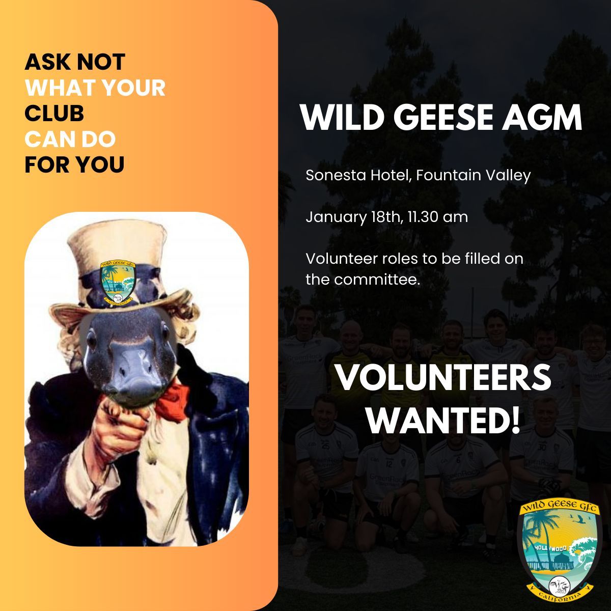 Happy New Year!

The AGM has been set for January 18th at 11.30 am at the Sonesta Hotel in Fountain Valley!

Committee positions are available, your support is welcome. Save the date. Up the Geese!