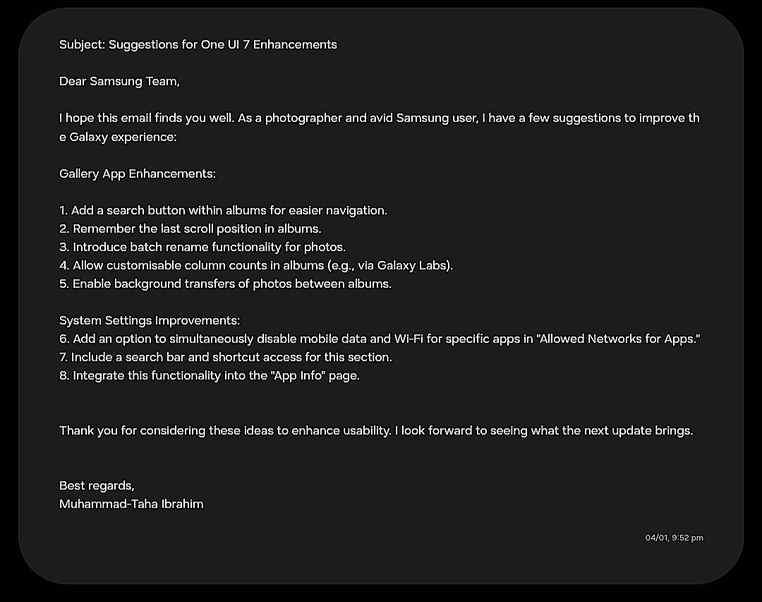 planeteelevene's tweet photo. @UniverseIce Hello, everyone. Please read these recommendations I would like added to the Gallery app for the upcoming and final ONE UI 7 update. If you agree with them please kindly share them with the SAMSUNG TEAM. I have already done so. Thanks if you share. https://t.co/fgAUAZ6uB6