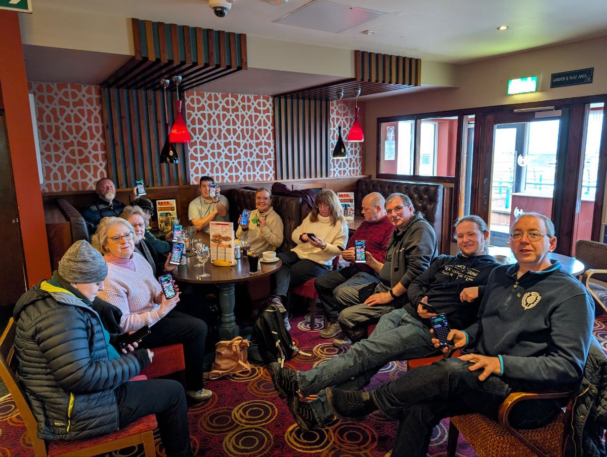 A11yib's tweet photo. Some hardy souls braved the weather for the Scotland #IngressFS in Greenock to kick off 2025.  Great afternoon had by all and interest in the game from the bar staff too.  Next month we head north to Arbroath https://t.co/DqUfPF3zxk