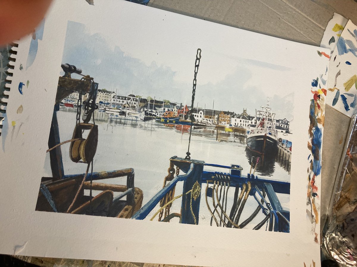 MacleanArtist's tweet photo. Stornoway Harbour from the Orla Rose, Inktense watercolour approx A4 size reference photo is my own 😊 #harbour #coast #town #stornoway #hebrides #outerhebrides #watercolor #watercolour #art #artist #harbourside #boats #fishingboat #inktense https://t.co/gK3yihwbJL
