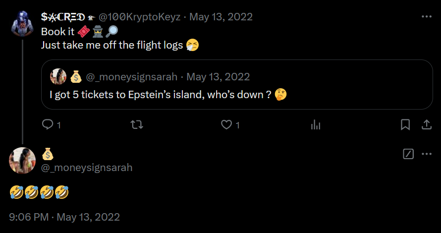 FlerfHerder's tweet photo. @100KryptoKeyz @levelheadzHQ Don't get preyed on be these predators. "take me off the flight logs"? 

Don't want no evidence of that huh? 😬
https://t.co/MraMUny3dY https://t.co/Rk6x3uJTt3