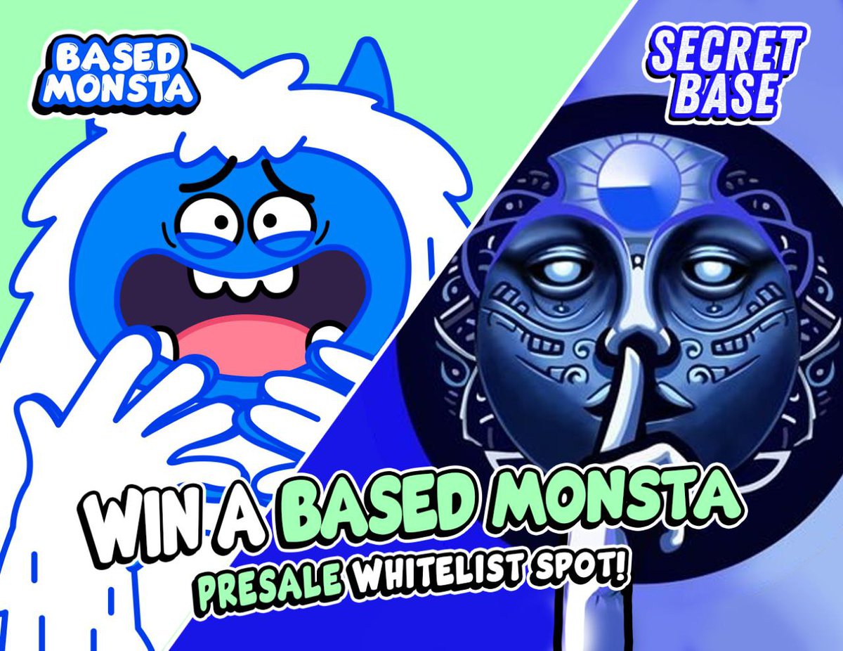 Secret Base (@secretbasealpha) on Twitter photo 🎉 WIN A WHITELIST SPOT 🎉
Based Monsta presale, Jan 6th 4.20pm UTC
RT + Follow
🤫 @BaseSecretBase
🐾 <a href="/BasedMonsta/">Based Monsta | $MONSTA</a>
10 WINNERS will be selected from the comments so don't keep it a secret!
Winners will be drawn Sunday 5th, 12pm (Midday) UTC 💙 🎉 WIN A WHITELIST SPOT 🎉
Based Monsta presale, Jan 6th 4.20pm UTC
RT + Follow
🤫 @BaseSecretBase
🐾 <a href="/BasedMonsta/">Based Monsta | $MONSTA</a>
10 WINNERS will be selected from the comments so don't keep it a secret!
Winners will be drawn Sunday 5th, 12pm (Midday) UTC 💙