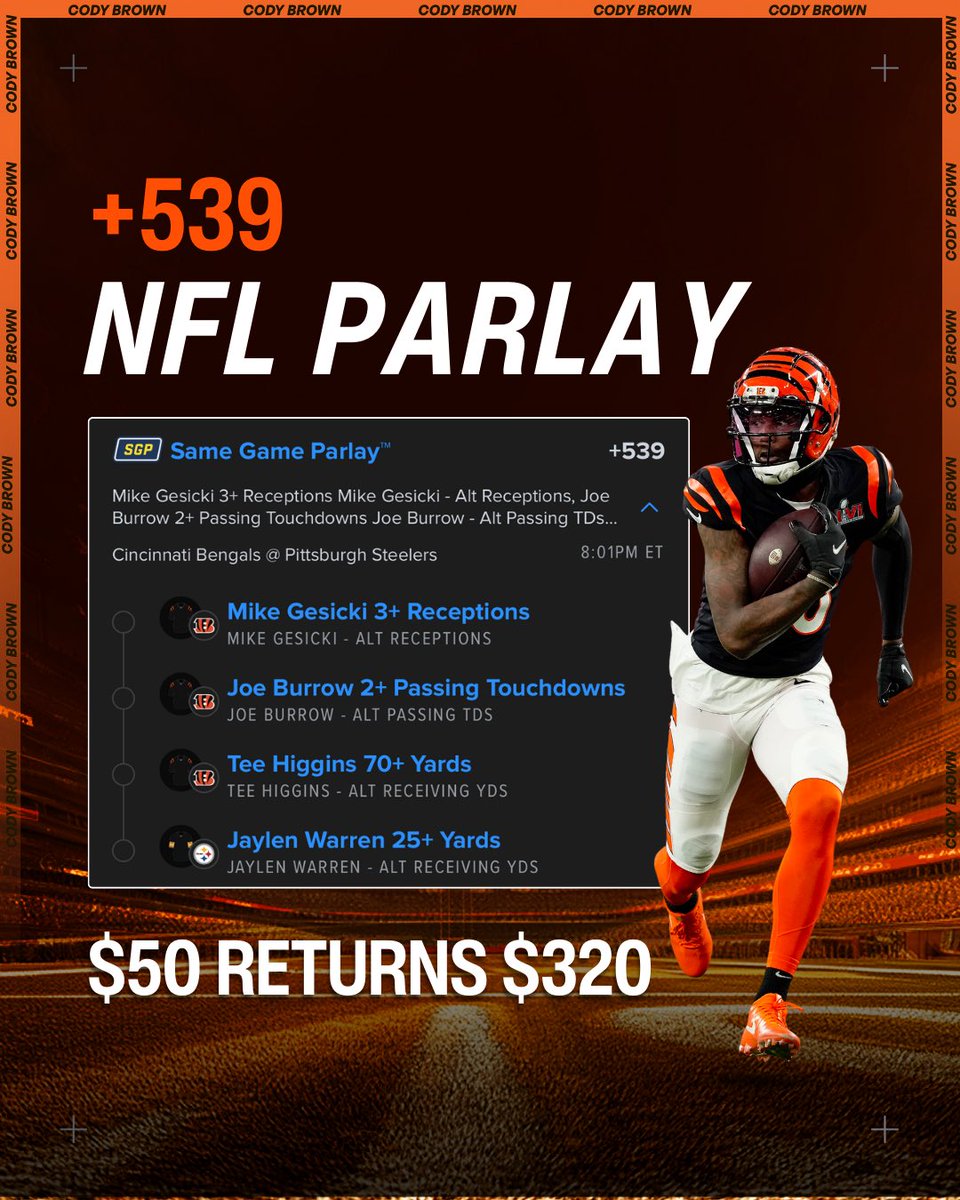 CodyBrownBets's tweet image. 🚀 +539 Bengals @ Steelers SGP

🔗 Add to bet slip: account.sportsbook.fanduel.com/sportsbook/add…

Literally tap the link above and this bet will go directly into your FanDuel bet slip.

Any questions, let me know.

21+, gamble responsibly.