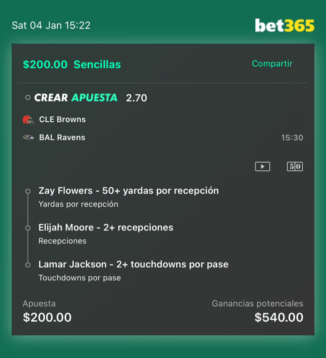 DarexinBets's tweet photo. 🔥 Parlay Ravens vs Browns 🔥
•Zay Flowers: 50+ yardas por recepción.
•Elijah Moore: 2+ recepciones.
•Lamar Jackson: 2+ TD por pase.

💰 $200 MXN → $540 MXN
🎯 ¡Jugamos con las tendencias! 🚀
#NFL #Parlay #Apuestas https://t.co/OQGhiIIZQj