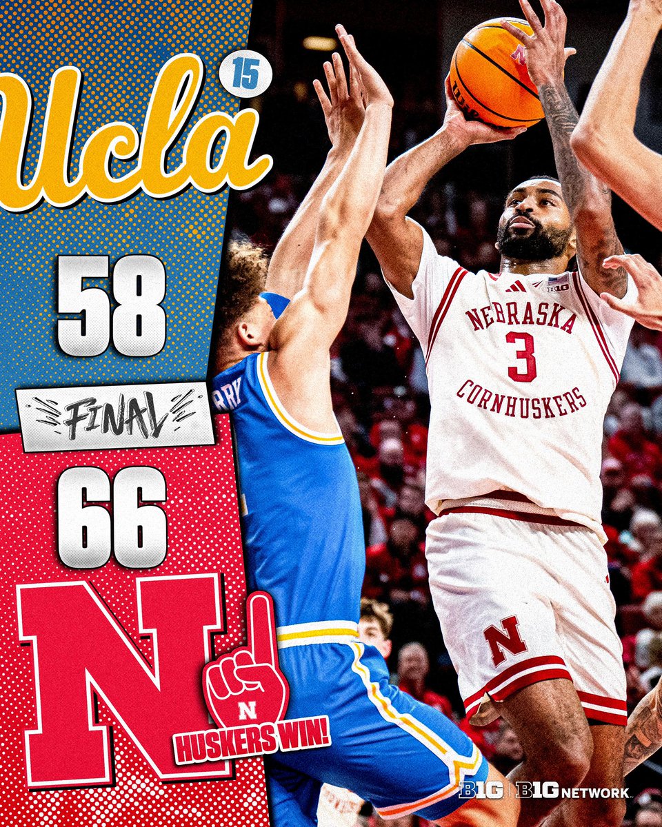B1GMBBall's tweet photo. THE HUSKERS TAKE DOWN NO. 15 UCLA 🙌

#B1GMBBall x @HuskerMBB https://t.co/czAdN1mwOy