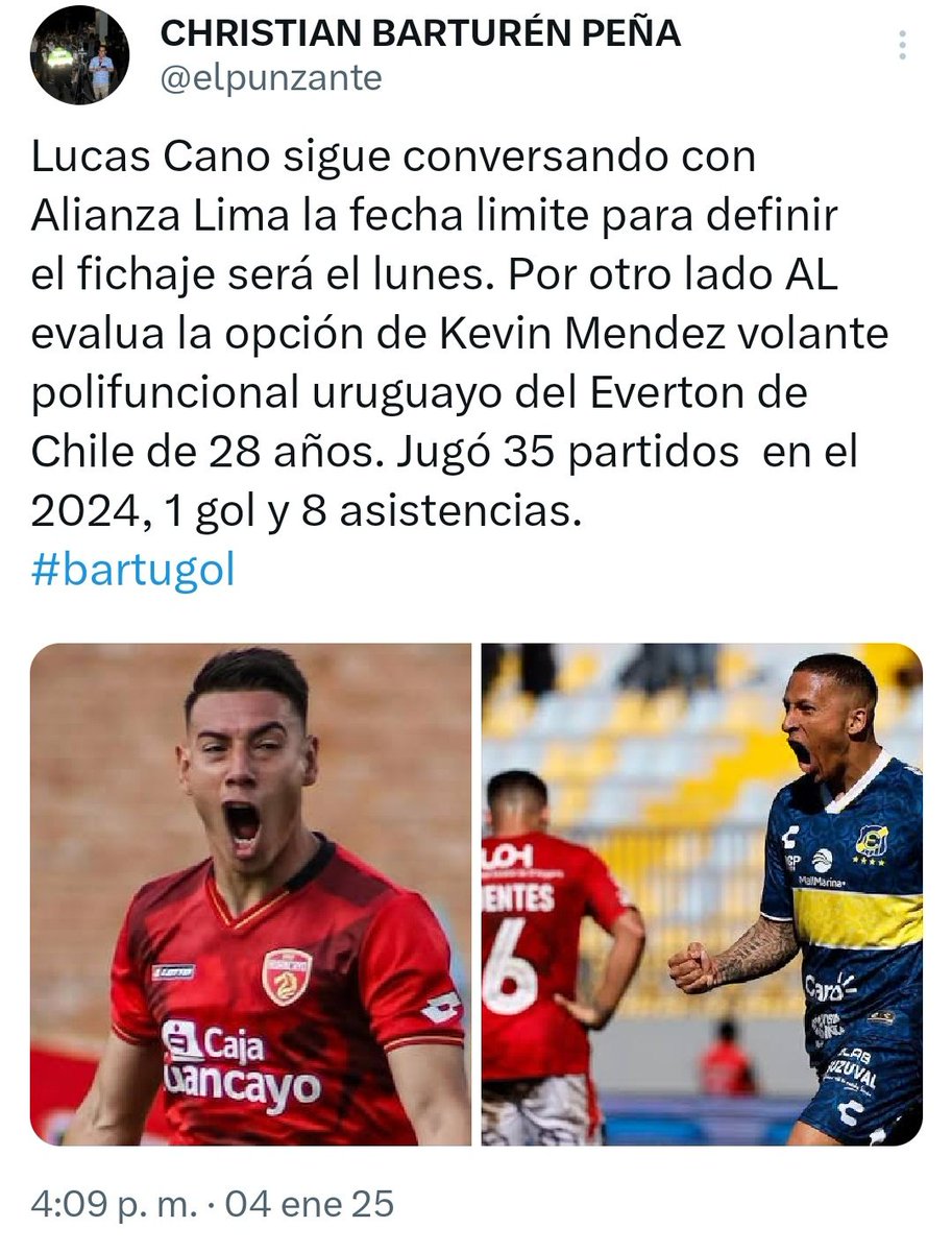 bartugol12's tweet photo. Lucas Cano sigue conversando con Alianza Lima la fecha limite para definir el fichaje será el lunes. Por otro lado AL evalua la opción de Kevin Mendez volante polifuncional uruguayo del Everton de Chile de 28 años. Jugó 35 partidos en el 2024, 1 gol y 8 asistencias.
#bartugol https://t.co/YdE01Vk0ok