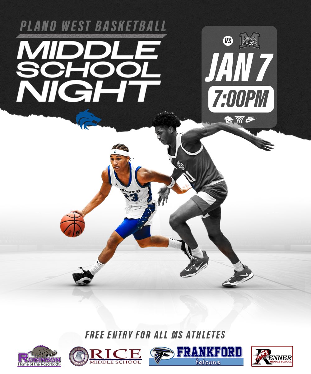 TUESDAY! Middle school night at West!

All active middle school athletes get in free vs McKinney Boyd!

Can’t wait to host all our Frankford, Robinson, Renner and Rice athletes!
