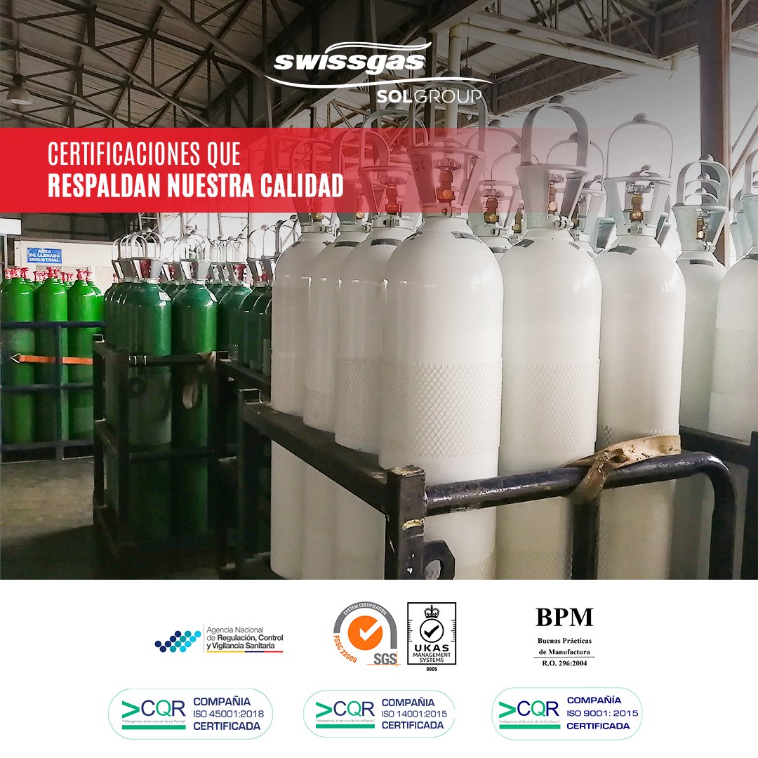 Swissgas SOL Group cuenta con productos certificados en Buenas Prácticas de Manufactura (BPM) y Certificaciones ISO 45001:2018 – ISO 14001:2015 – ISO 9001:2015, taller de PH autorizado por el INEN y certificación Grado Alimenticio.
