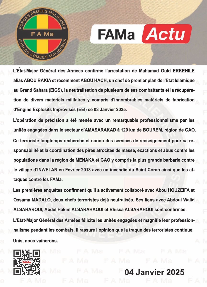 fabsenbln's tweet photo. #Mali🇲🇱 - FAMa reports the arrest of Mahamad Ould Erkehile alias Abou Rakia, senior member of the Islamic State Sahel Province & death of several #ISSP fighters in an operation in the #Amasrakad area. Large quantities of explosives for the manufacture of #IED were confiscated. https://t.co/QCIayWY13J