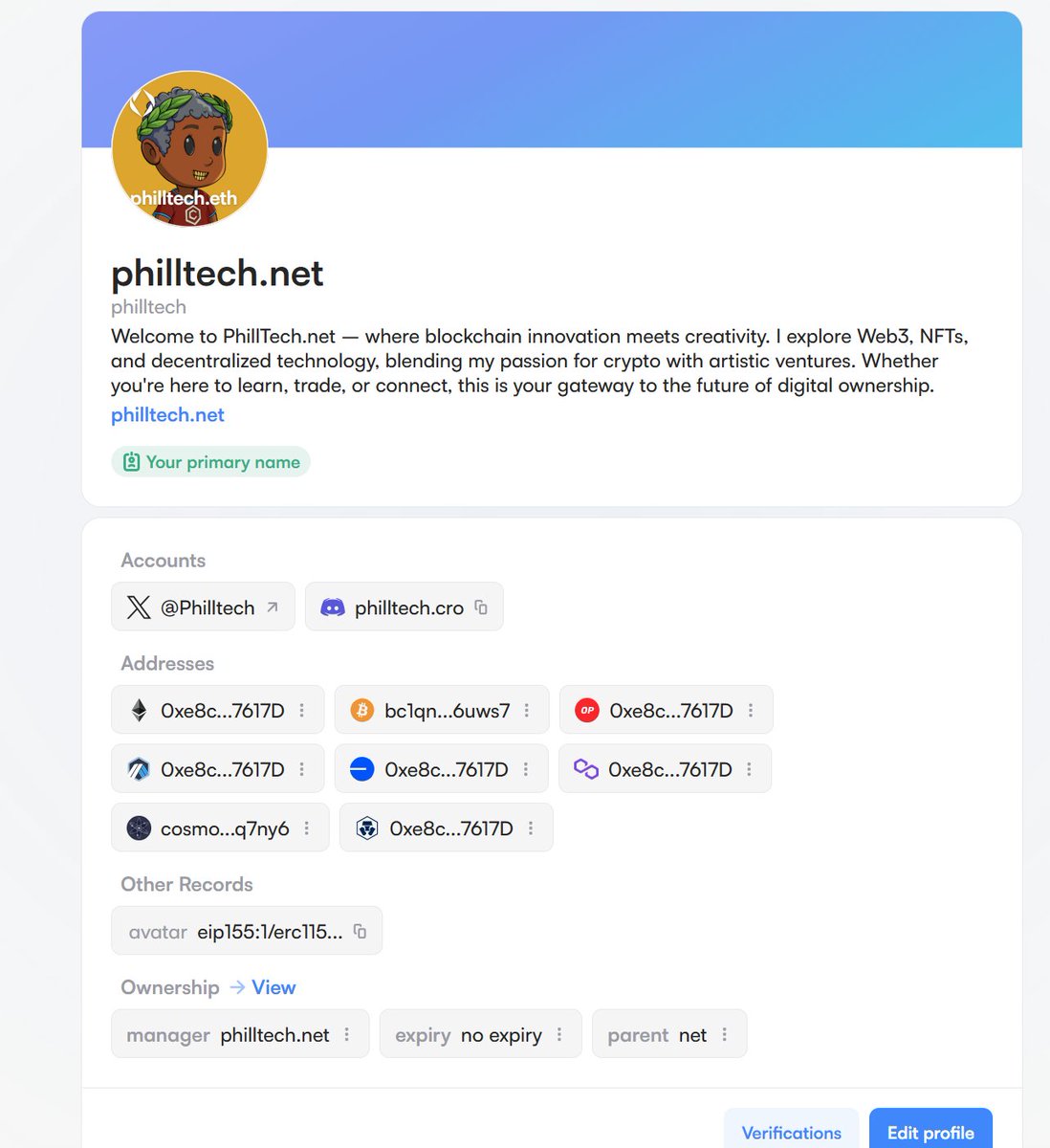 Philltech's tweet image. 🚀 Big News! 🚀

philltech.net is now officially part of Web3! 🌐✨

I've linked my domain directly to ENS, which means  can now be used just like philltech.eth to send, receive, and display NFTs, cryptocurrency, and stablecoins – all on-chain.…
