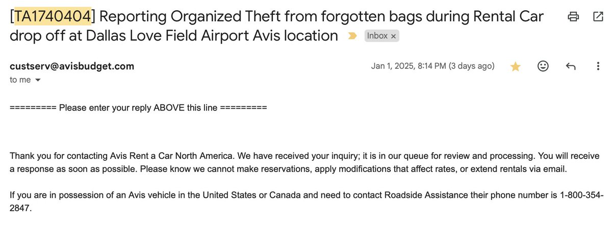 SreeramG's tweet photo. @Avis  - I experienced organized theft at the Dallas Love Field Avis car rental location when dropping off my rental car. I filed a complaint with Avis (Ticket # TA1740404) and provided the details of my rental agreement and the name of the on-site operations manager, who is fully aware of the incident.

When can I expect a response?

Your continued delay risks crucial evidence, such as surveillance footage, being lost/overwritten. This negligence could compromise the investigation into the theft of valuable items from my bag.
I demand an immediate escalation of this issue to the concerned departments/authorities to ensure a prompt resolution. Failure to act quickly will reflect poorly on Avis's commitment to customer safety and accountability. Please respond urgently.