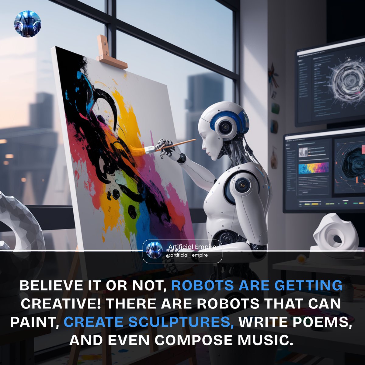artemp_official's tweet image. Unleashing Creativity Beyond Code 🎨🤖✨ Meet the new age of artists where brushstrokes meet algorithms. Robots aren't just building our future; they're painting it too! #ArtificialArtist #TechMeetsArt #RoboticsRevolution
