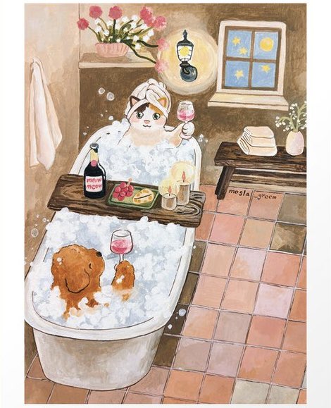 Coziest kitty &amp; pooch bubble bath ever! #cat &amp; #Dog enjoying #bubblebath #illustration by #moslagreem. See it at bit.ly/catdogbath #society6
