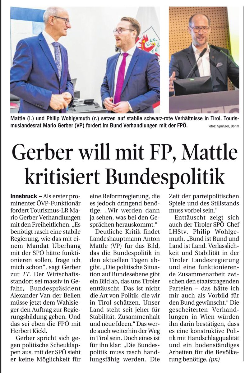 den_dominik's tweet image. Die größten Spaßvögel sitzen wiedermal #inTirol. Während LH #Mattle „das Chaos auf Bundesebene beenden will“, urteilt sein Landesrat #Gerber: „mit der SPÖ ist kein Staat zu machen“ - sitzt aber selbst mit ihnen in Tirol in der Landesregierung🥶🙈