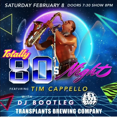 letemriot's tweet photo. Get ready to party like it’s the 80s! 🎷 Featuring Tim Cappello (The Lost Boys, Tina Turner), synthwave vibes from Let Em Riot, &amp; DJ Bootleg spinning your favorite 80s hits.  Craft beer, live music, &amp; nostalgia all night long! https://t.co/XMJ6SOJ7Au https://t.co/gHYgot1AF7