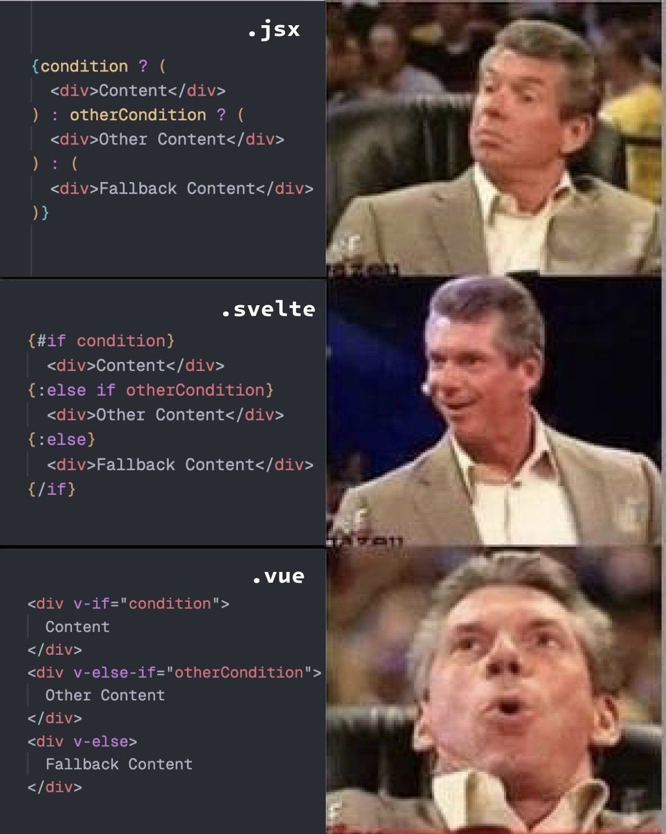 midudev's tweet photo. Opinión impopular: prefiero JSX, Svelte y la nueva sintaxis de Angular a usar directivas como atributos HTML.

¿Tú qué opinas? https://t.co/49VK8Theo7