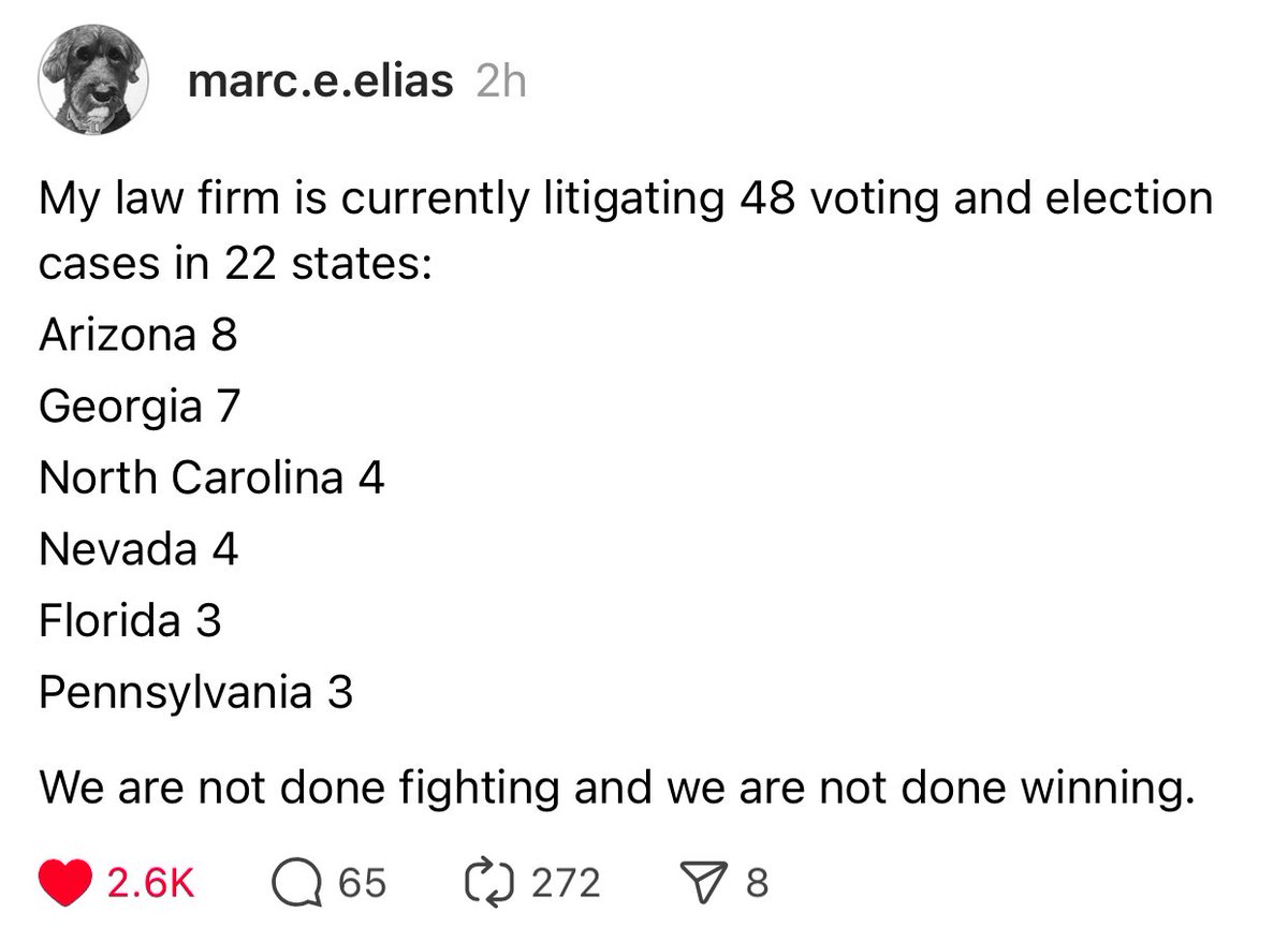 HarrisonBecker7's tweet photo. An update to this tweet! A thread posted 2 hours ago from Marc Elias in regard to litigation… Notably, 4 of the 6 states do not have their Certificate of Vote posted to the NARA website. 👀 https://t.co/phRzEG6iqT
