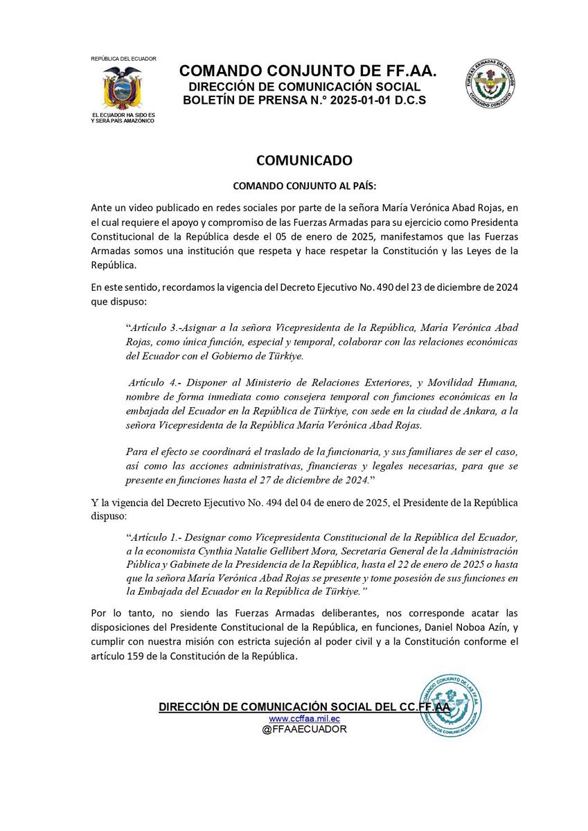 mauroandinoe's tweet photo. 📌 La cúpula de las Fuerzas Armadas NO comprende el significado del estado constitucional de derechos y justicia, mucho menos el valor y esencia de una DEMOCRACIA. Los militares NO deben sujetarse a un Presidente, sea Noboa o quien fuere, sea de derecha o de izquierda. Por el contrario, los militares deben SOMETERSE al IMPERIO de la CONSTITUCIÓN y las LEYES de la República. Su órbita de acción no se arrodilla ante un individuo, sino ante la SOBERANÍA POPULAR que radica en el PUEBLO. 

🚩 Por tanto, este comunicado es una intromisión atroz en un conflicto jurídico y político que NO les corresponde dirimir. Eso solo sucede en las dictaduras. ¿Se imaginan a los políticos o jueces participando en medio del terreno de un conflicto militar? Aquello sería ridículo por donde se lo vea.

🔴 Penoso papel de una cúpula subyugada al juego de un "príncipe bananero". Si tanto les importa el país, al menos vayan y lean la Constitución sobre la sucesión presidencial y el artículo 93 del Código de la Democracia referente a la licencia obligatoria en los casos de reelección, pero no jueguen a ser "demócratas".