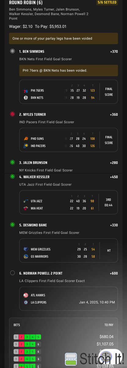 DPassner's tweet photo. Made this Draftkings round robin BEFORE @FirstBasketBets released his daily sheet (thanks to his previous data,) and put it in @Cheese_Bets and @DodgeballFran discord before shul. C'mon Powell for the 500:1 5X cash... https://t.co/BfmT3TmtCy