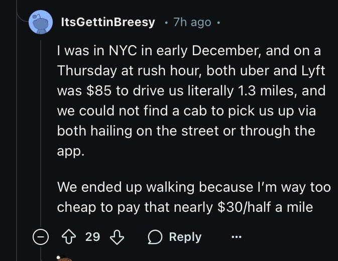 invest091's tweet image. 📉 From r/stocks

$85 for 1.3 miles in NYC via $UBER or $LYFT - outrageous or strategic?

Surge pricing reflects demand strength and potential revenue growth, but is it sustainable for long-term investor confidence?

#InvestingInTech #Uber #Lyft #RideShare