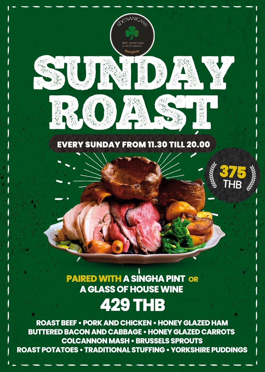 Shenanigansbk's tweet image. 🌟 Make Sundays special with our delicious Sunday Roasts at Shenanigans. Comfort food, great vibes, and happy tummies! 🍖🍷 #WeekendVibes #RoastPerfection