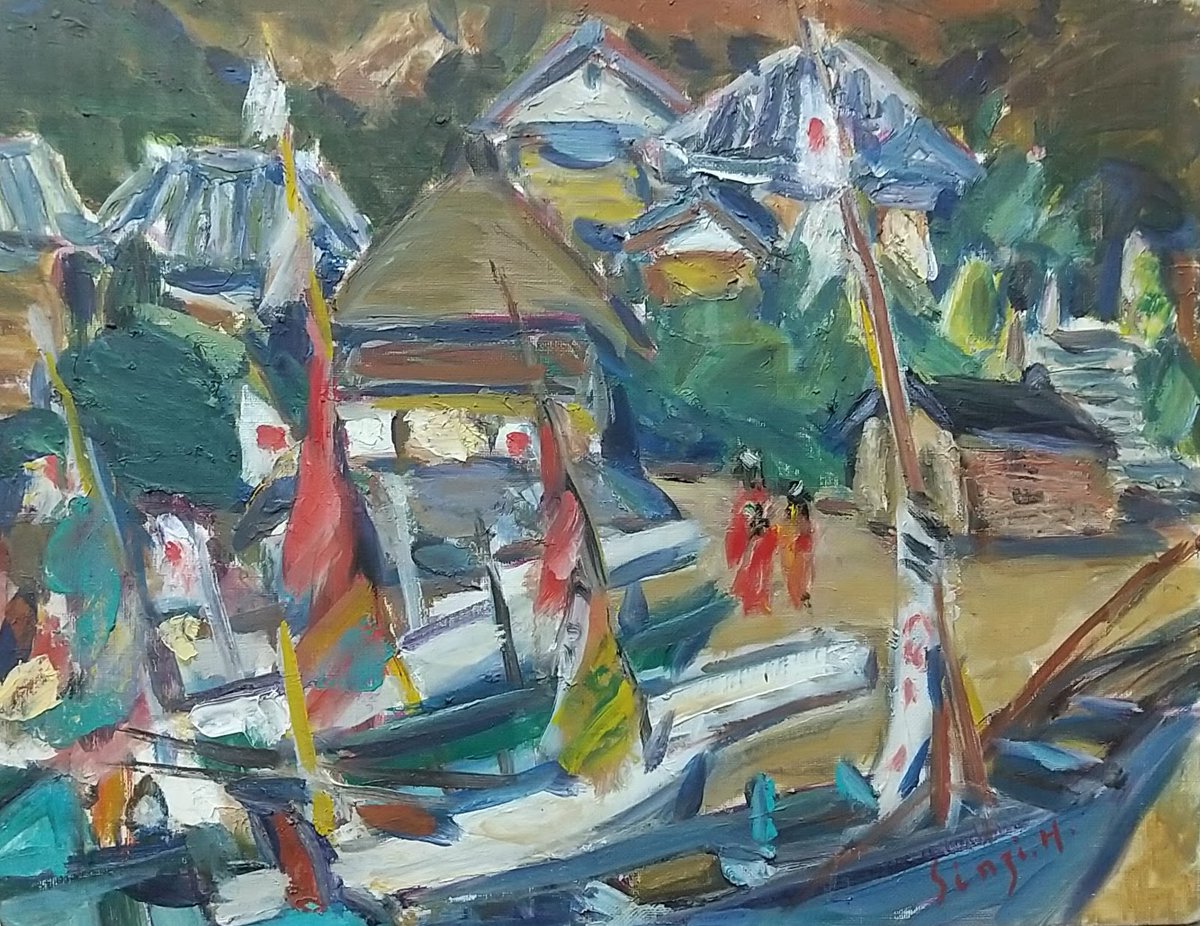 正月の漁村 B 房州川津浜 F6 '68 油絵 絵画 油彩画 日本 日の丸 国旗