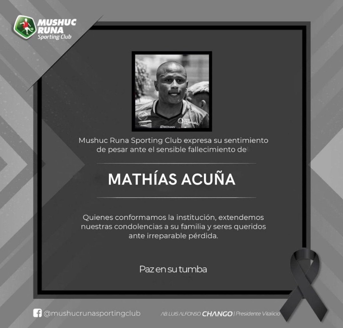 FCRadioTV's tweet photo. Tragedia en el fútbol: el delantero uruguayo Mathías Acuña, jugador de Mushuc Runa, fue encontrado sin vida en un hotel de Ambato este 4 de enero. El club estaba en pretemporada. Acuña, de 32 años, renovó para disputar Liga Pro y Copa Sudamericana 2025. Paz en su tumba. https://t.co/Pm8vMFswsl