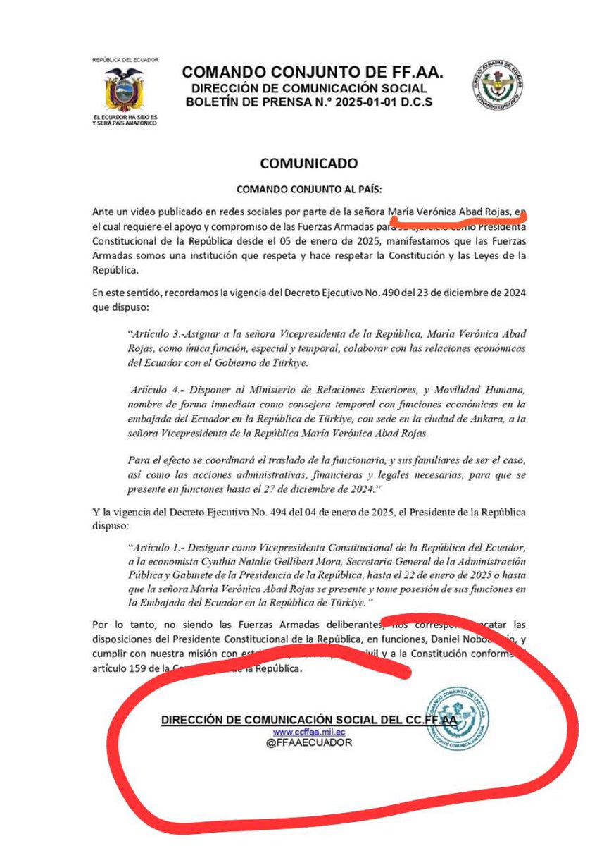Las FFAA son obedientes y no deliberantes y este comunicado que lo suscribe la D. de Comunicación Social revela todo lo contrario. Resulta preocupante y no es la primera vez  que  en comunicados   de la Institución se omite  la dignidad de la Sra Abad que es Vicepdta