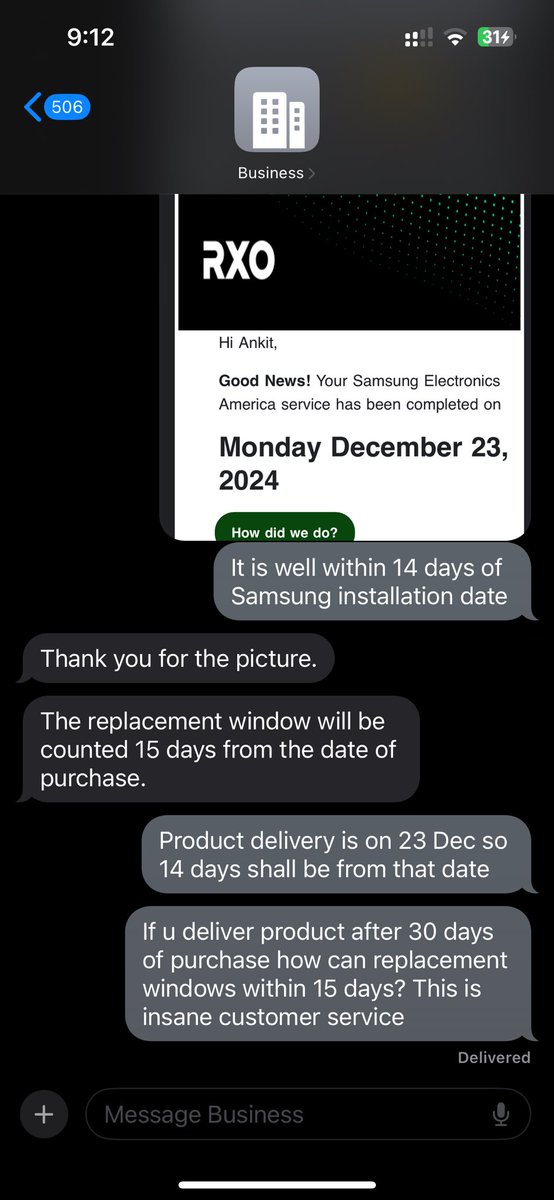 Disappointed with <a href="/SamsungUS/">Samsung US</a> 
Ordered product on Nov 20, delivered &amp; installed on Dec 23. Found manufacturing defect (black patch) but Samsung support says replacement only within 14 days of ORDER, not installation! Order  SA354193028