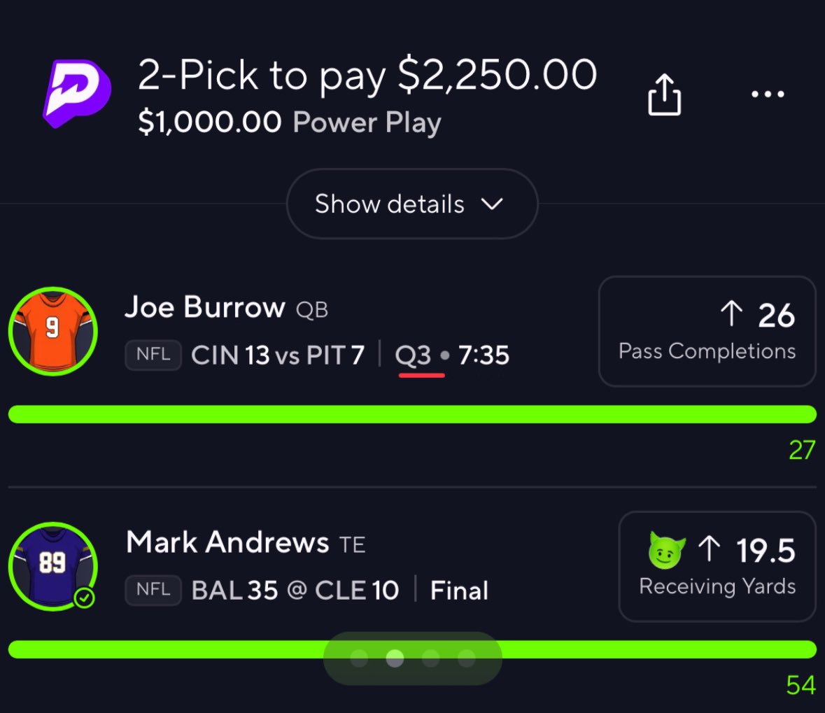 WyzeProps's tweet photo. BLESSING 𝗢𝗡𝗘 LUCKY FOLLOWER WITH $𝟱𝟬𝟬  💚👇 

NFL SWEEP 🧹✅

- Joe Burrow “O” 26.0 Completions ✅
- Najee Harris “O” 9.5 Fantasy ✅
- Mark Andrew “O” 19.5 Rec Yards ✅
- Jerry Jeudy “O” 29.5 Rec Yards ✅

LFG WHO TAILED? 👀💰

Hit that ❤️ button if you appreciate the work! 

#GamblingX | #PrizePicks