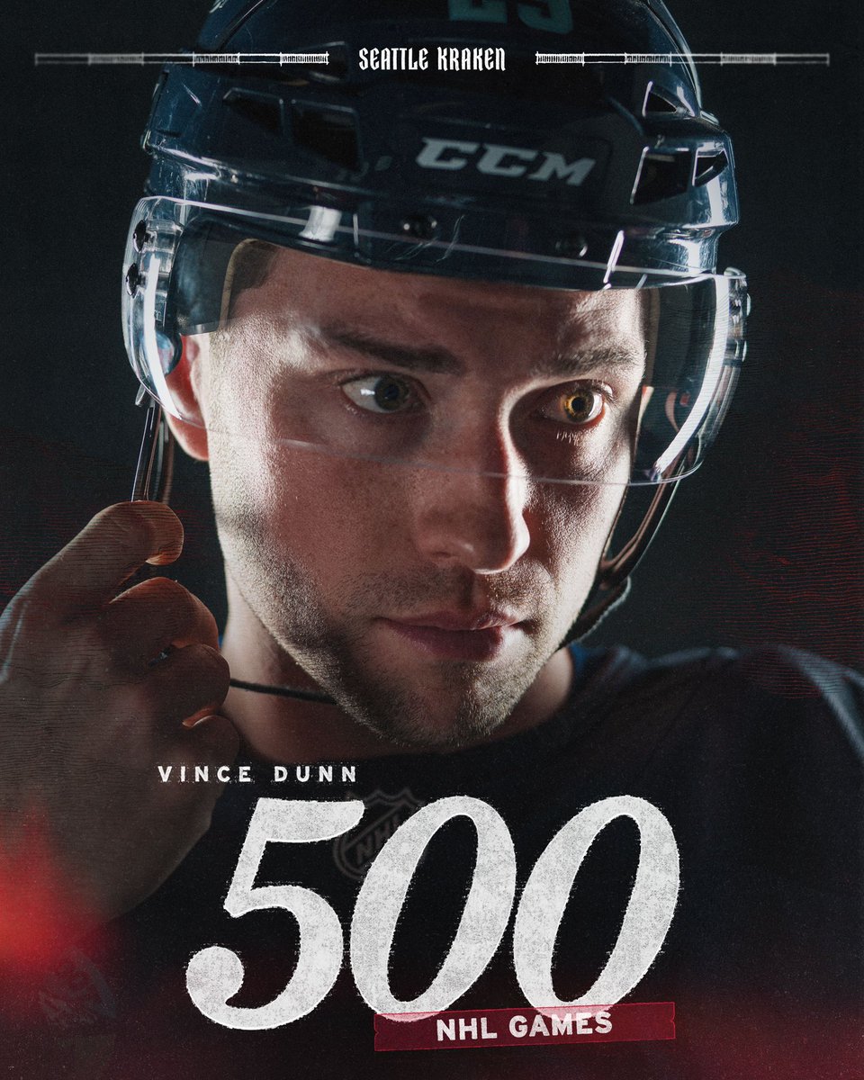 SeattleKrakenPR's tweet photo. Gettin' it DUNN.

Congrats to Vince Dunn, who's skating in his 500th career @NHL regular-season game tonight! https://t.co/wXnoIEQPxc