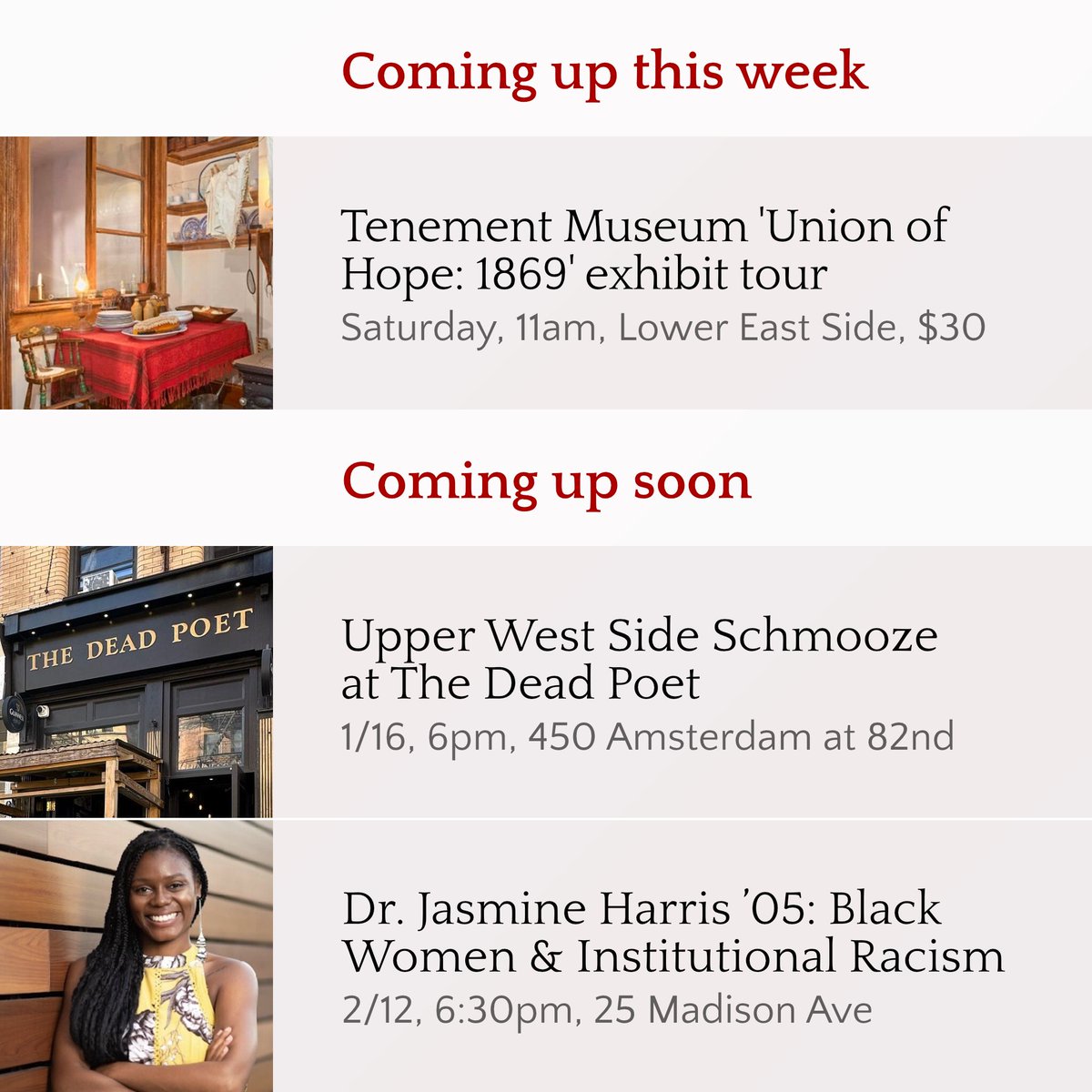 On Saturday, we're touring the Tenement Museum's newest exhibit: connect.vassar.edu/Tenement_Museu…

On 1/16, the Schmooze heads to the UWS's Dead Poet: connect.vassar.edu/VCNY_SchmoozeD…

And on 2/12, Dr. Jasmine Harris ’05 discusses institutional racism in academia: connect.vassar.edu/JasminHarris_D…